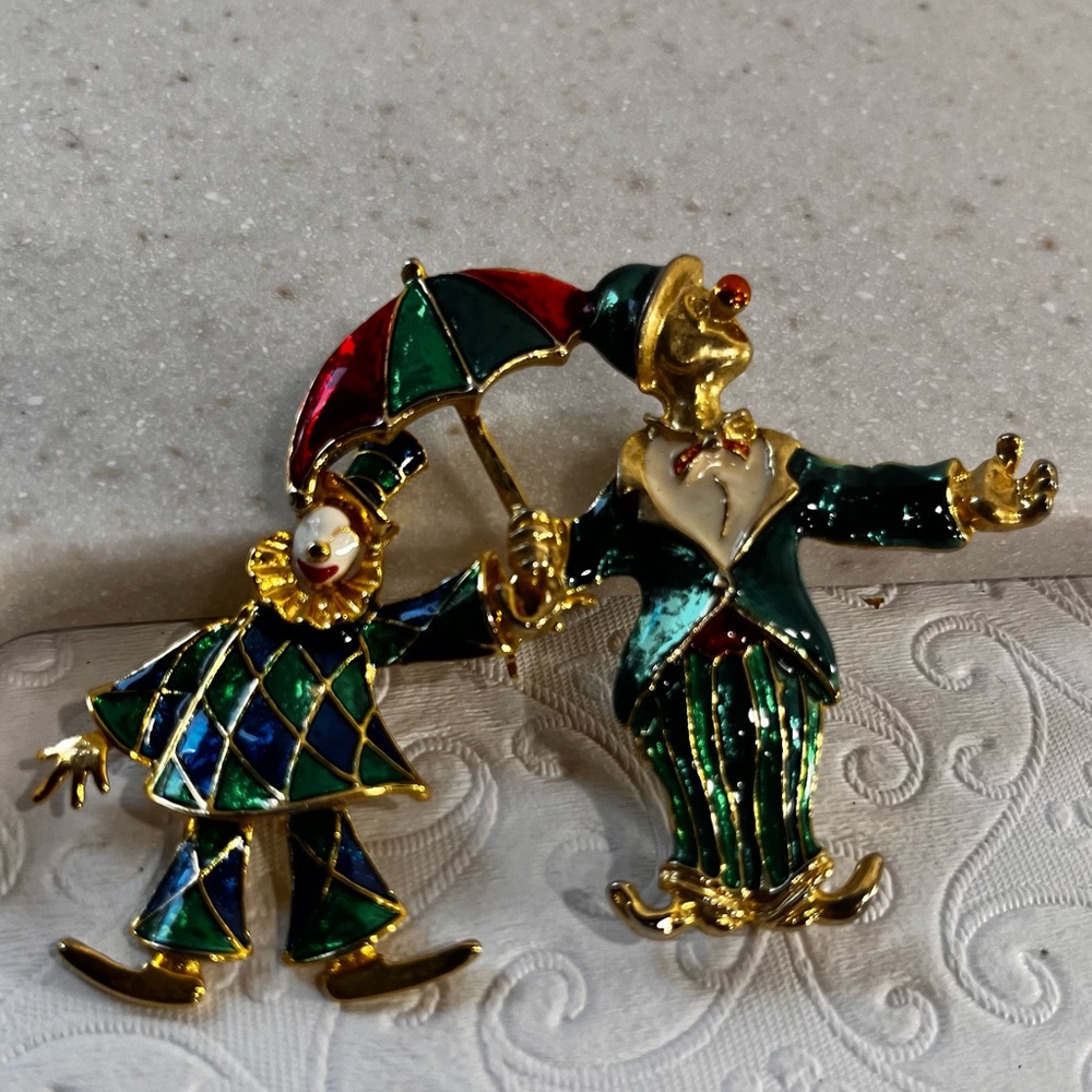 Lot of Two Clown Brooches Gold Tone Blue Green Retro Umbrella Eclectic Grandma